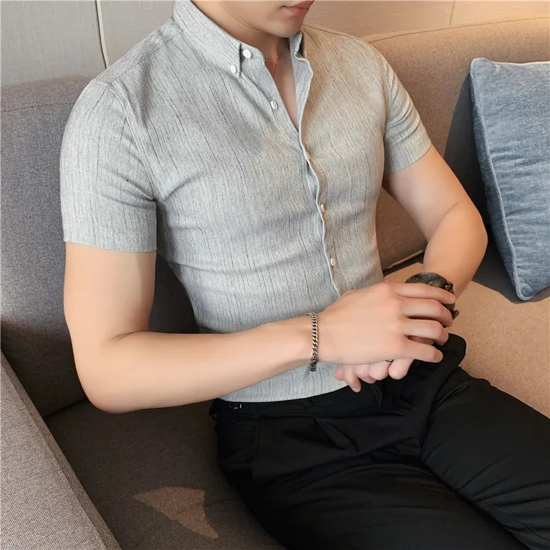 Plus Size 4XL-M Summer Short Sleeve Striped Shirt Men Clothing 2025 British Style Slim Fit Business Formal Wear Dress Blouses