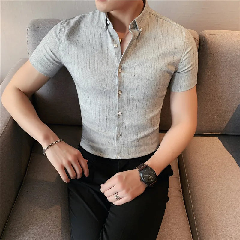 Plus Size 4XL-M Summer Short Sleeve Striped Shirt Men Clothing 2025 British Style Slim Fit Business Formal Wear Dress Blouses