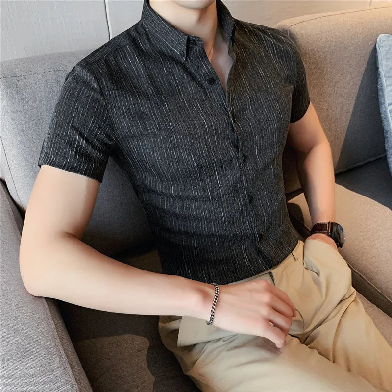 Plus Size 4XL-M Summer Short Sleeve Striped Shirt Men Clothing 2025 British Style Slim Fit Business Formal Wear Dress Blouses