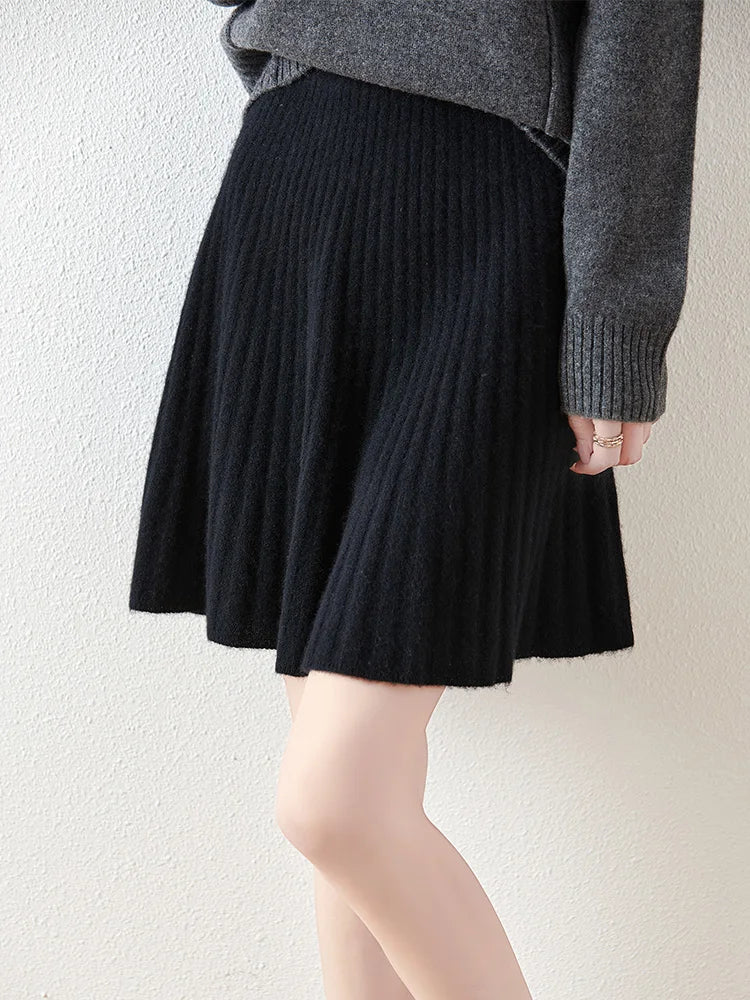 Preppy Style women's 100% Merino Wool Skirts Autumn Winter Pleated Skirt Cashmere Knitwear Short A-Line Above Knee Skirt