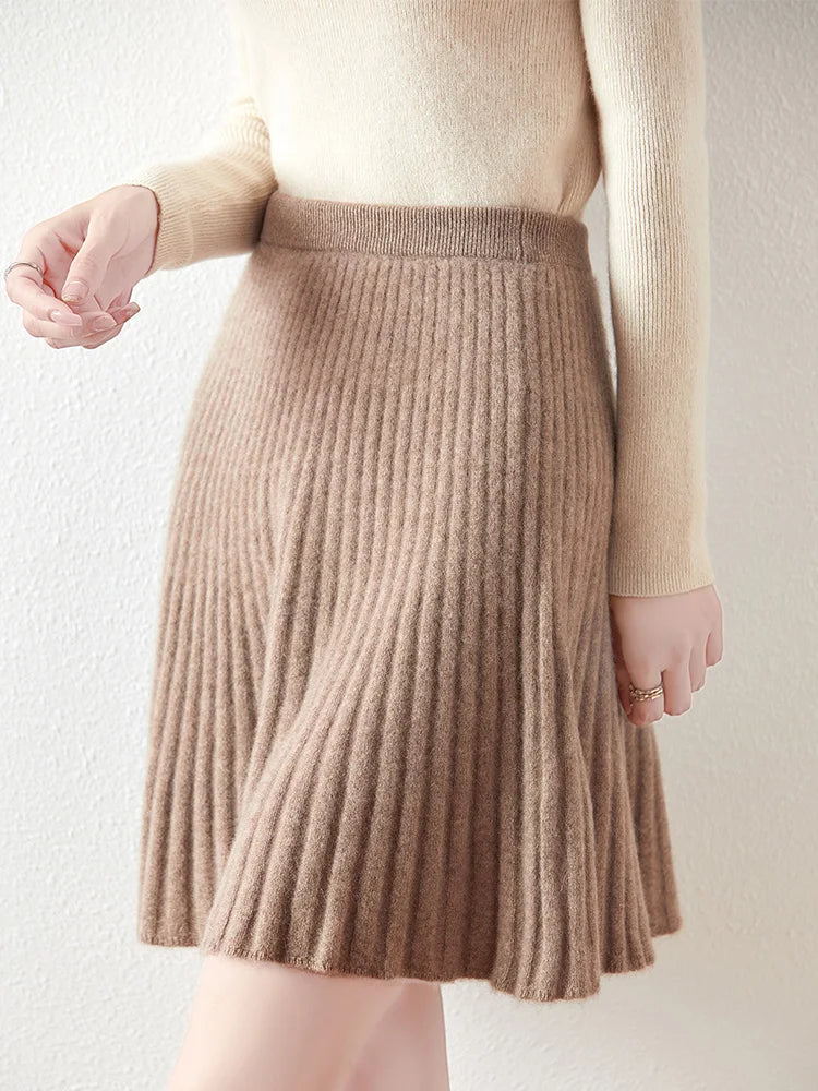 Preppy Style women's 100% Merino Wool Skirts Autumn Winter Pleated Skirt Cashmere Knitwear Short A-Line Above Knee Skirt