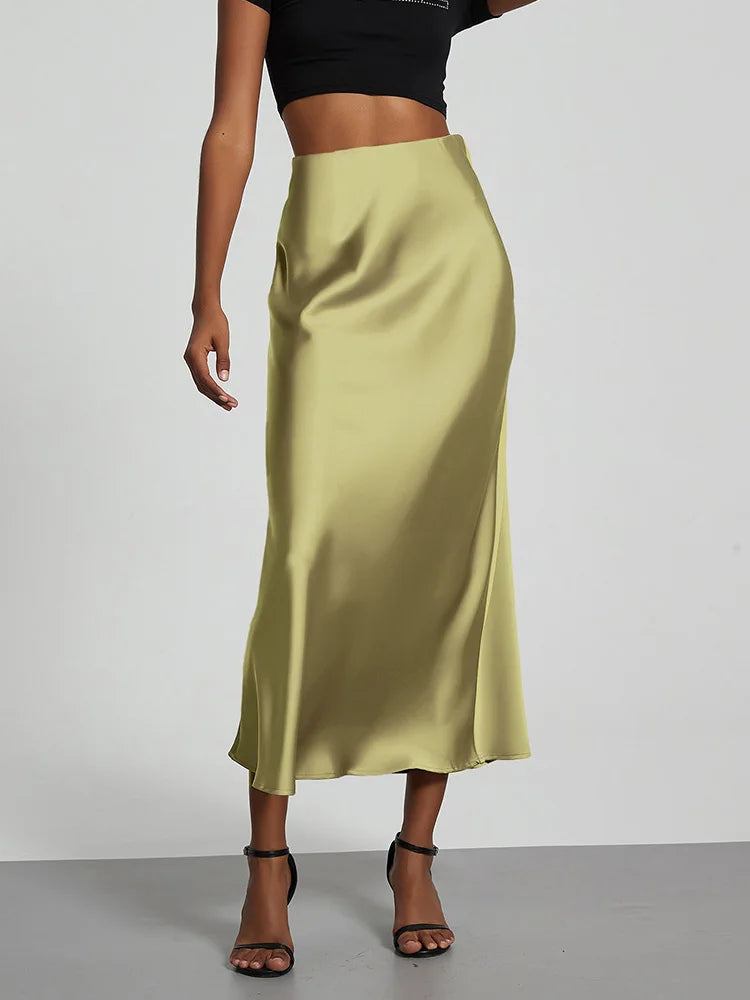 Fashion Satin Party Long Skirt High Waist Solid Color Casual Basic Women Skirts Fishtail Skirt Chic Summer Woman Clothing 2025