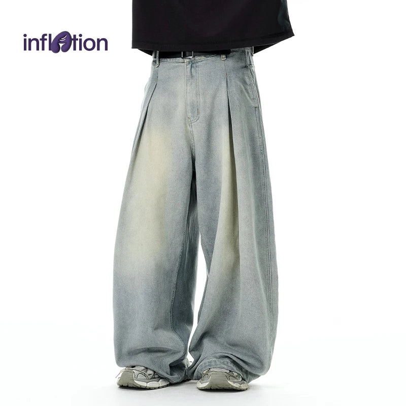 INFLATION Men's American Wide Leg Jeans Streetwear Loose Fit Vintage Washed Denim Pants Casual Baggy Trousers