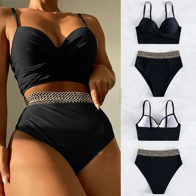 Bikini European American New 2023 Gold Sexy Bikini Women's Printed Steel Bracket Triangle Swimwear Push Up One Piece Swimwear