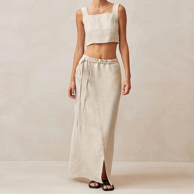 100% Linen Skirt Women Summer New Retro French Long Skirt Waist Tie Split One-Piece Midi Skirts Female Clothing