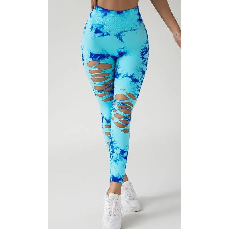 Tie Dye Seamless Yoga Pants with Ripped Holes Sexy Hip Lifting Hollow Out Fitness Leggings for Women High Waisted Peach Buttocks