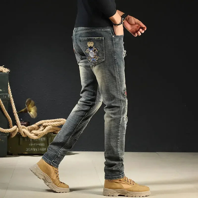 Male Cowboy Pants Trousers Punk Embroidery Motorcycle Jeans for Men Washed Y2k Streetwear Kpop Clothes 2000s High Quality Summer