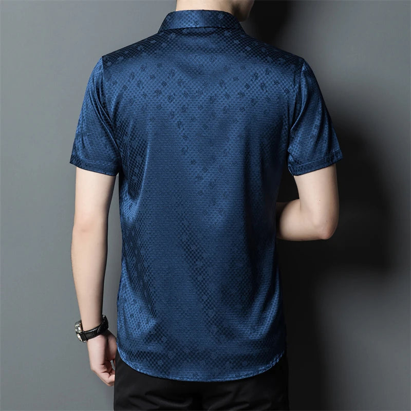 Smooth Skin-Friendly Men Shirt Real Silk Short Sleeve Gentleman Summer Quality Comfortable Breathable Jacquard Camisas De Hombre