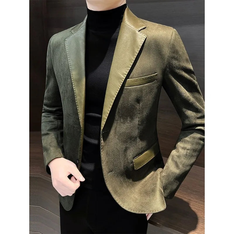 Deerskin Casual Men's Suit Jacket Autumn and Winter Wind Ruffiansenior Splicing Suit Commuting Cultivate One's Moral Characte