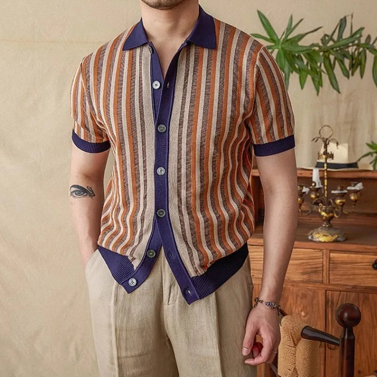Summer Mens Mixed Colors Lapel Collar Single Breasted Slim Fit Knitted Shirt Business Men Work Breathable Short Sleeve Top Shirt