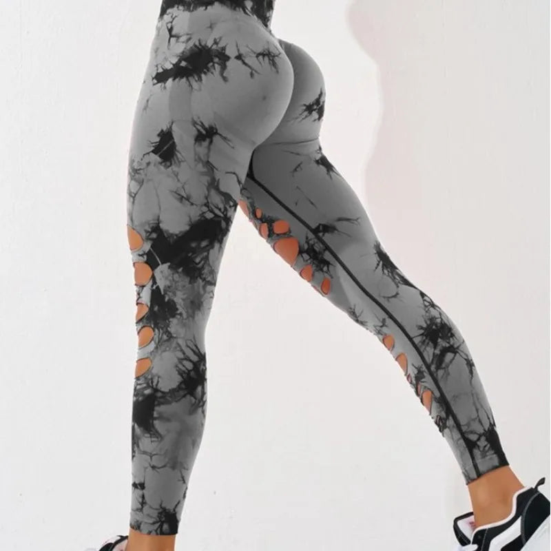 Tie Dye Seamless Yoga Pants with Ripped Holes Sexy Hip Lifting Hollow Out Fitness Leggings for Women High Waisted Peach Buttocks