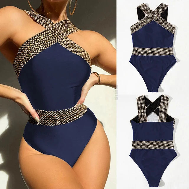 Bikini European American New 2023 Gold Sexy Bikini Women's Printed Steel Bracket Triangle Swimwear Push Up One Piece Swimwear