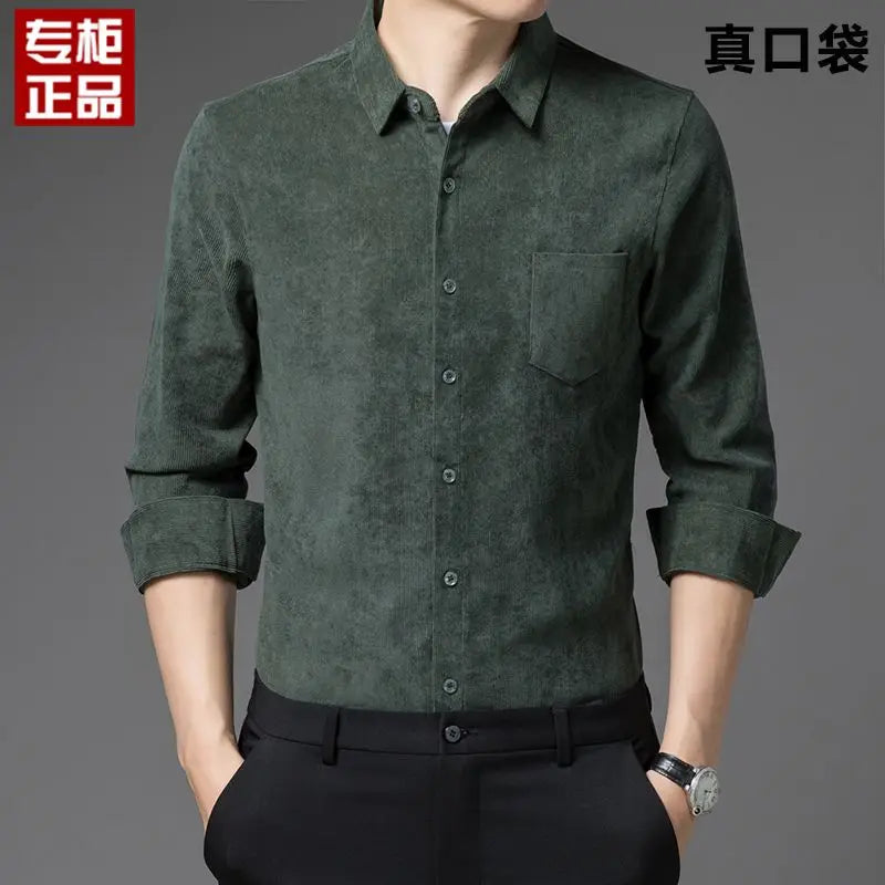 2023 New Spring and Autumn Leisure Business Fashion Loose Oversize Thickened Non Ironing Polo Collar Solid Men's Corduroy Shirt