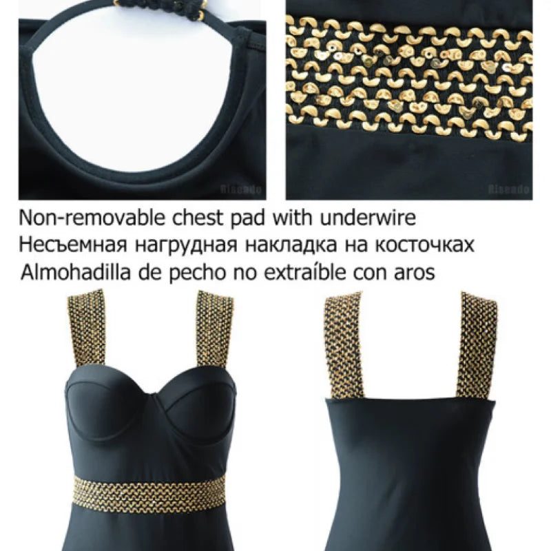 Bikini European American New 2023 Gold Sexy Bikini Women's Printed Steel Bracket Triangle Swimwear Push Up One Piece Swimwear