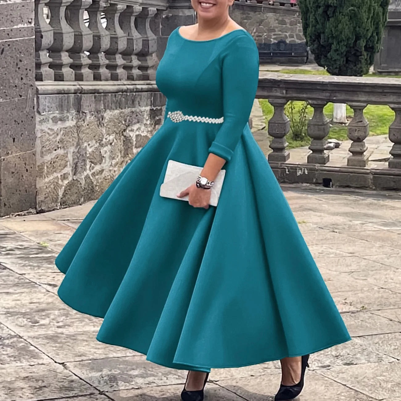 Luxury Dresses for Woman O Neck Full Sleeve Belt Waisted High Waisted Pleated A Line Ankle Length Elegant Female Birthday Gowns