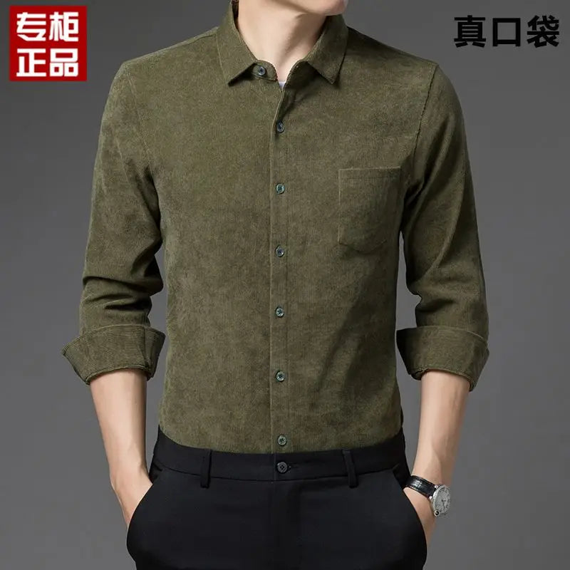 2023 New Spring and Autumn Leisure Business Fashion Loose Oversize Thickened Non Ironing Polo Collar Solid Men's Corduroy Shirt