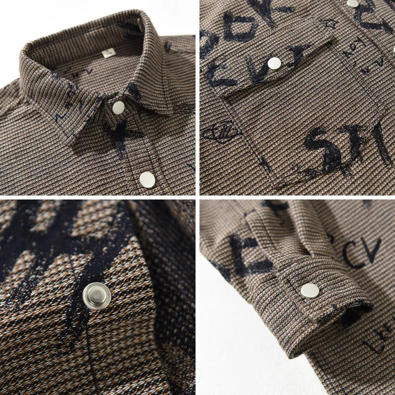 T733 Men's Creative Printing Vintage Shirt Men's Spring Autumn Fashion Good Quality Jacquard Long Sleeve Casual Slim Blouse Tops