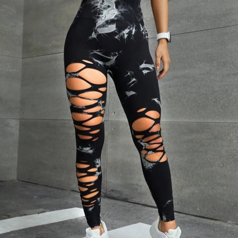 Tie Dye Seamless Yoga Pants with Ripped Holes Sexy Hip Lifting Hollow Out Fitness Leggings for Women High Waisted Peach Buttocks