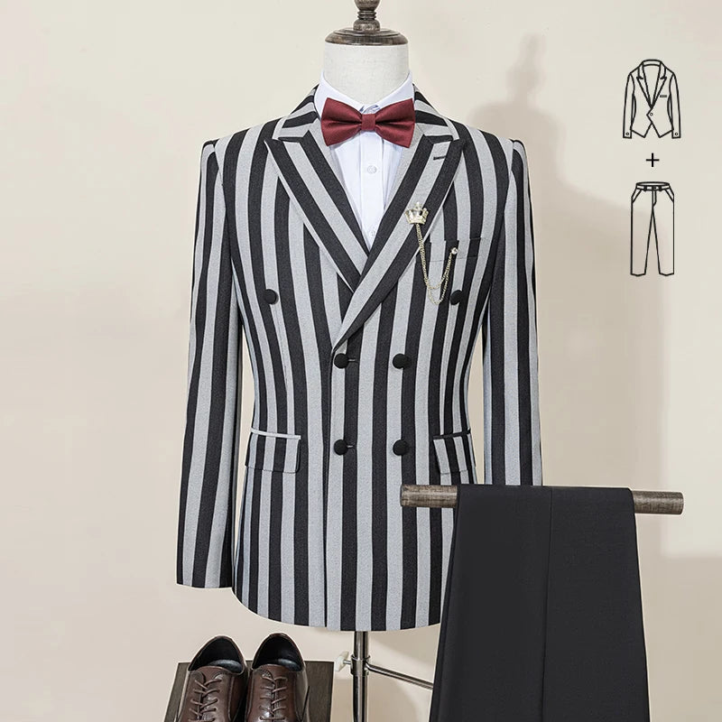 ST Cassy Men's Suits Fashion striped evening gown Double Breasted Slim Fit 2 Piece Jacket Pants