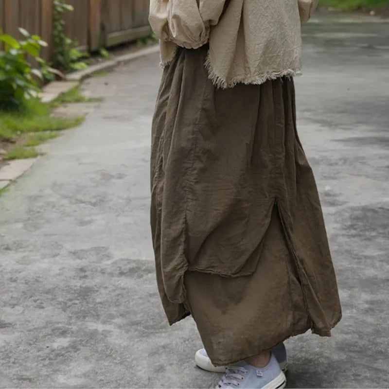 Johnature Women Vintage Cotton Skirts A-Linen Solid Color Cloths 2025 Spring New Soft Casual Women Skirts