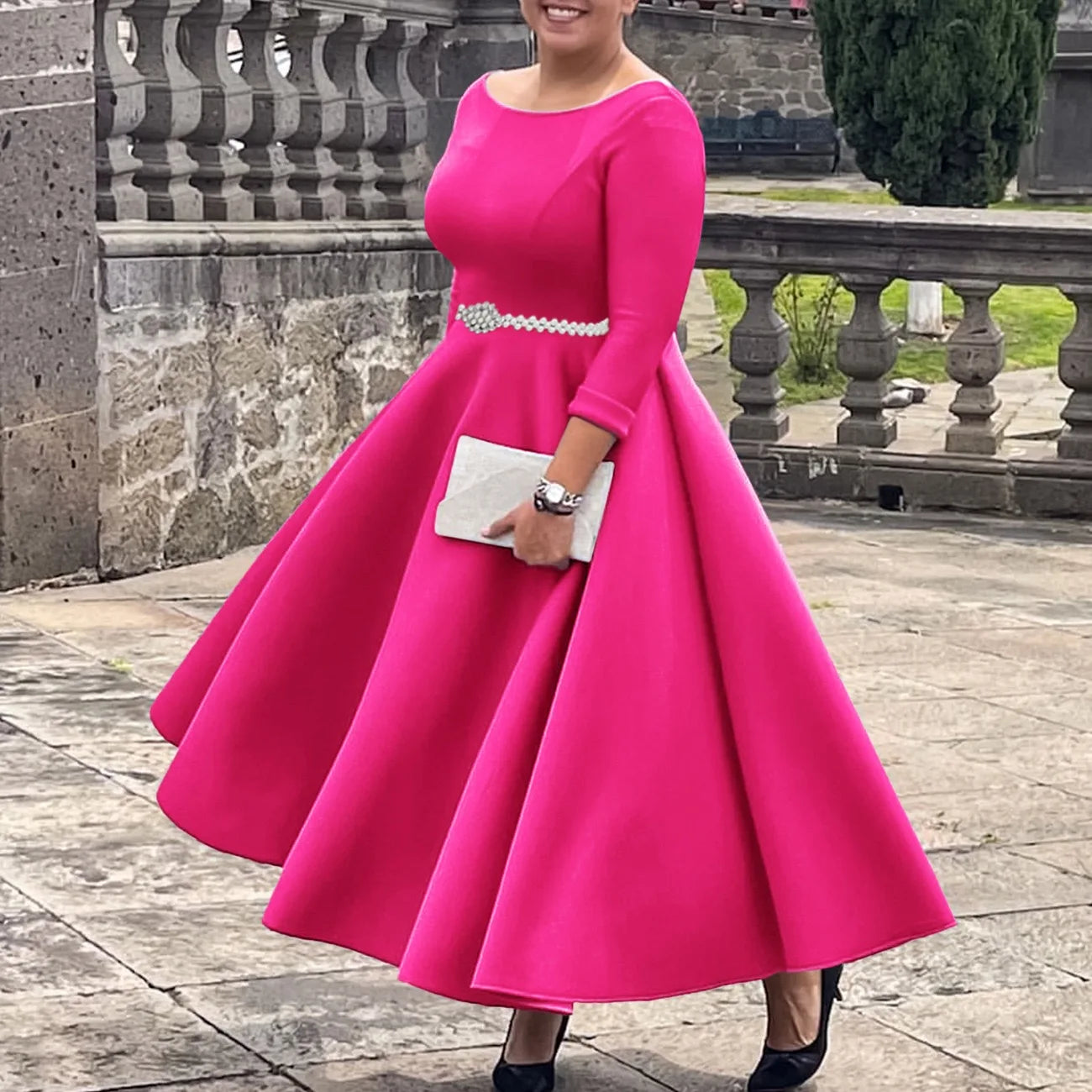 Luxury Dresses for Woman O Neck Full Sleeve Belt Waisted High Waisted Pleated A Line Ankle Length Elegant Female Birthday Gowns