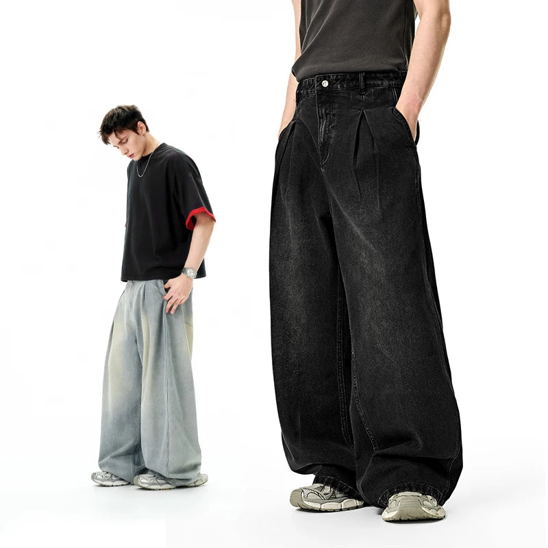INFLATION Men's American Wide Leg Jeans Streetwear Loose Fit Vintage Washed Denim Pants Casual Baggy Trousers
