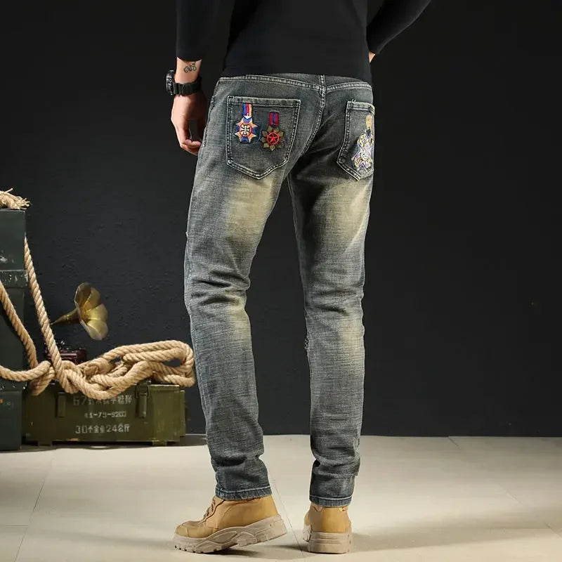 Male Cowboy Pants Trousers Punk Embroidery Motorcycle Jeans for Men Washed Y2k Streetwear Kpop Clothes 2000s High Quality Summer