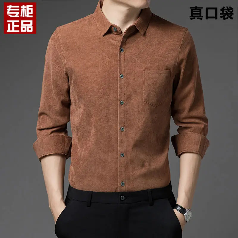 2023 New Spring and Autumn Leisure Business Fashion Loose Oversize Thickened Non Ironing Polo Collar Solid Men's Corduroy Shirt
