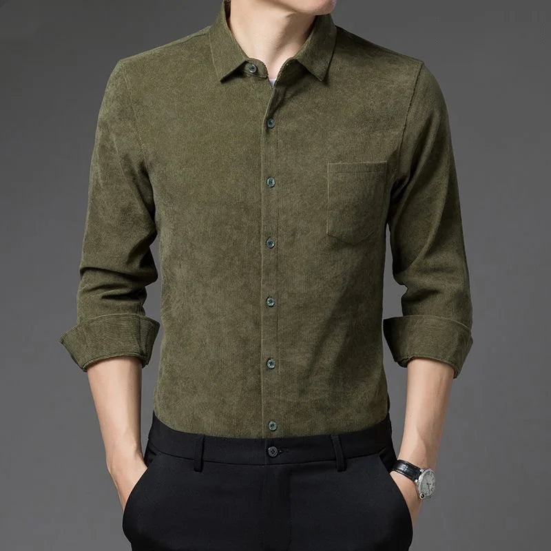 2023 New Spring and Autumn Leisure Business Fashion Loose Oversize Thickened Non Ironing Polo Collar Solid Men's Corduroy Shirt
