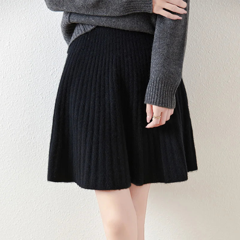 Preppy Style women's 100% Merino Wool Skirts Autumn Winter Pleated Skirt Cashmere Knitwear Short A-Line Above Knee Skirt