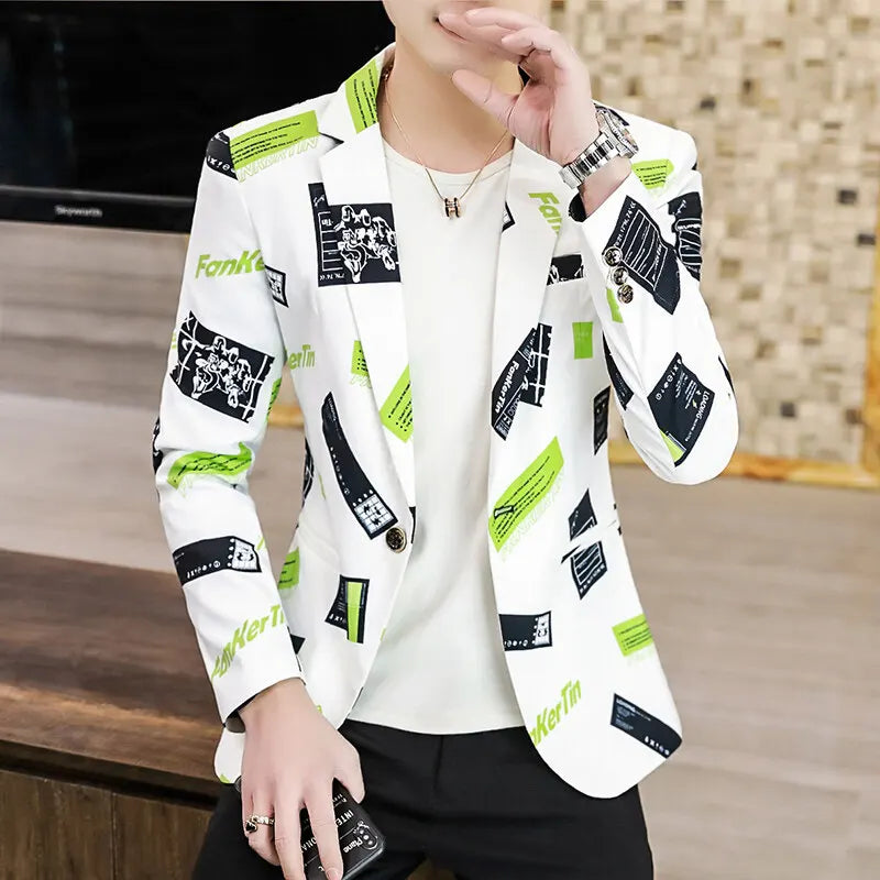 Spring Autumn 2025 New Men's Fashion Print Men Casual Business Blazer Mens Slim Suit Jacket Male Thin Coat