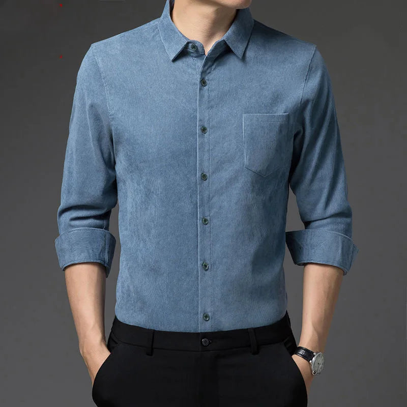 2023 New Spring and Autumn Leisure Business Fashion Loose Oversize Thickened Non Ironing Polo Collar Solid Men's Corduroy Shirt