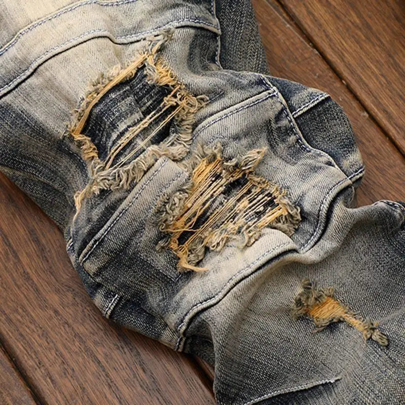 Luxury Men's Classic Jeans Straight Pants Autumn and Winter Retro Ripped Hole Denim Trousers Motorcycle Work Pants for Men