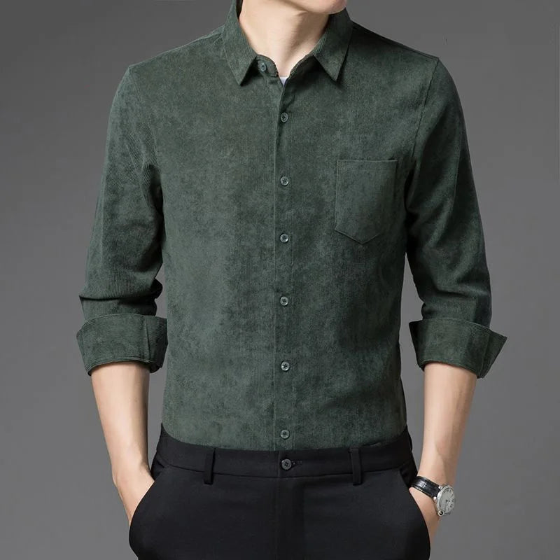 2023 New Spring and Autumn Leisure Business Fashion Loose Oversize Thickened Non Ironing Polo Collar Solid Men's Corduroy Shirt