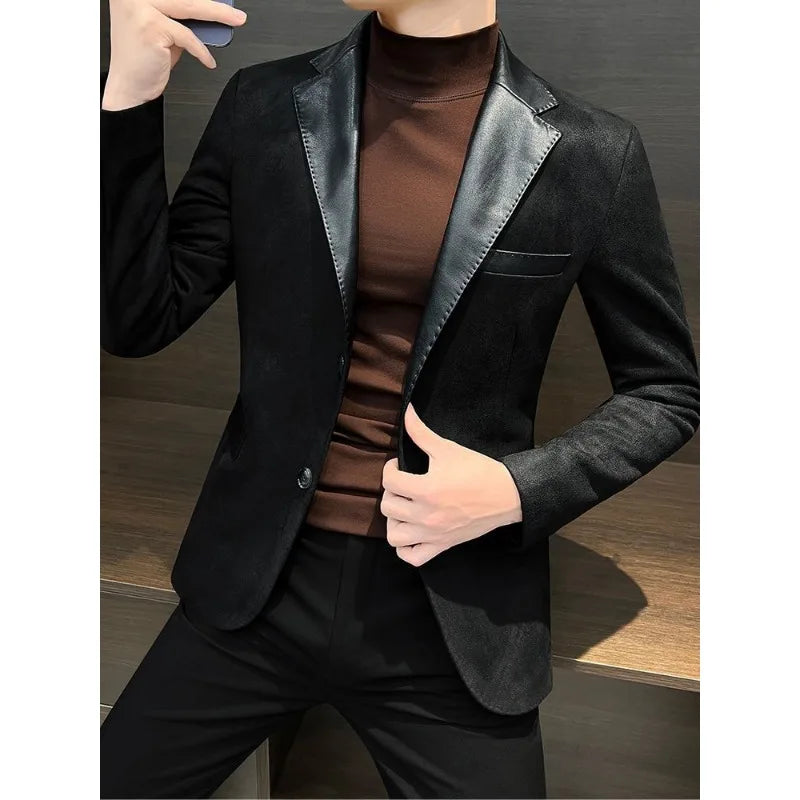 Deerskin Casual Men's Suit Jacket Autumn and Winter Wind Ruffiansenior Splicing Suit Commuting Cultivate One's Moral Characte