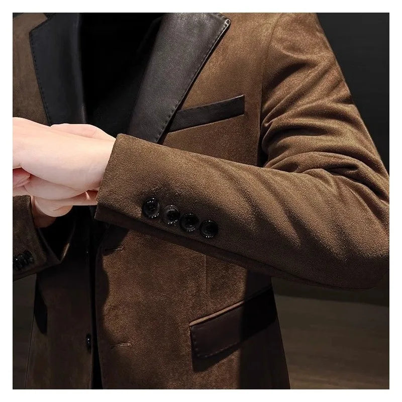 Deerskin Casual Men's Suit Jacket Autumn and Winter Wind Ruffiansenior Splicing Suit Commuting Cultivate One's Moral Characte