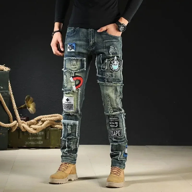 Male Cowboy Pants Trousers Punk Embroidery Motorcycle Jeans for Men Washed Y2k Streetwear Kpop Clothes 2000s High Quality Summer