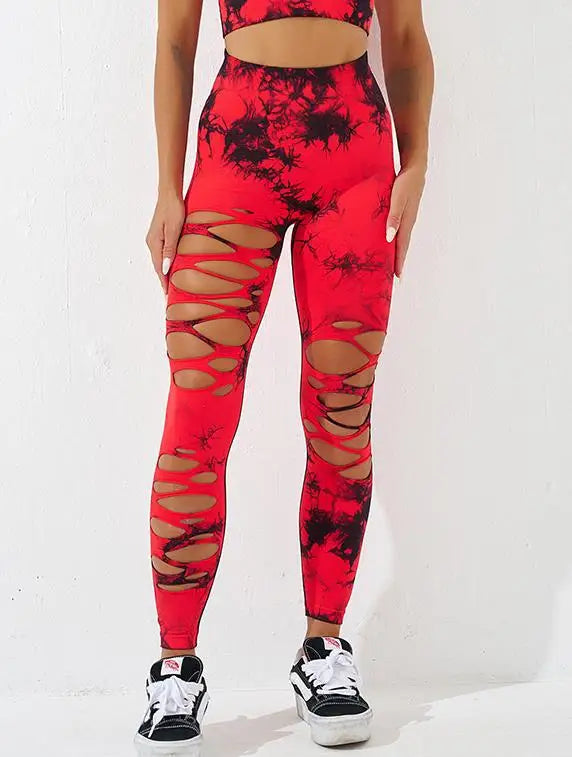 Tie Dye Seamless Yoga Pants with Ripped Holes Sexy Hip Lifting Hollow Out Fitness Leggings for Women High Waisted Peach Buttocks