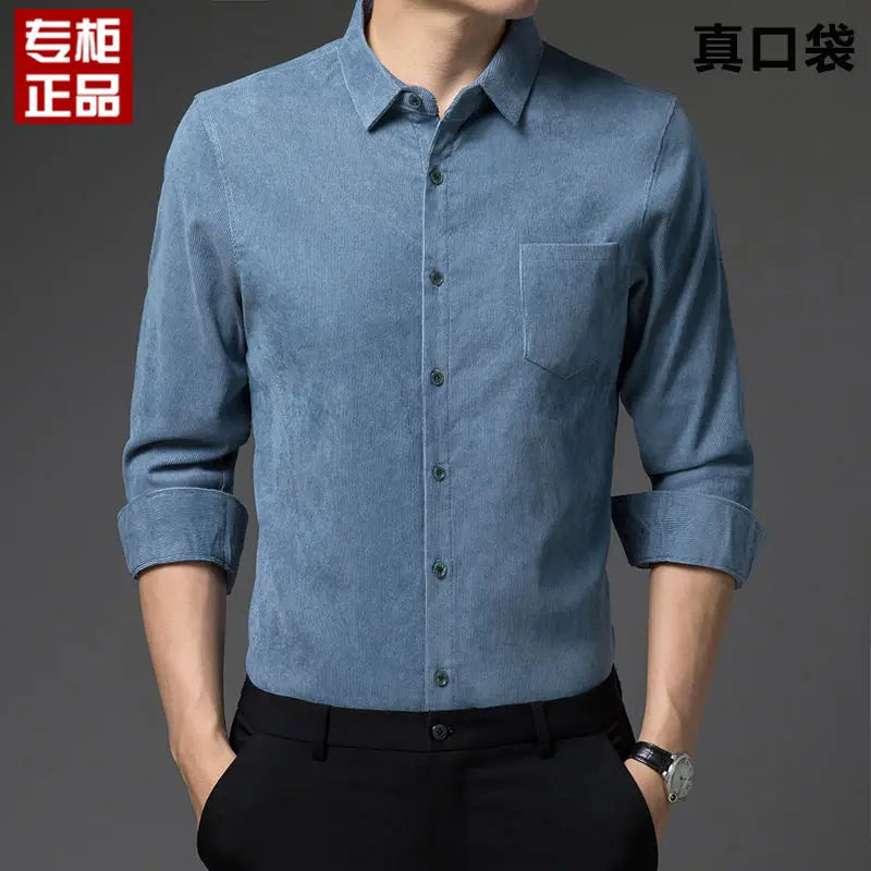 2023 New Spring and Autumn Leisure Business Fashion Loose Oversize Thickened Non Ironing Polo Collar Solid Men's Corduroy Shirt
