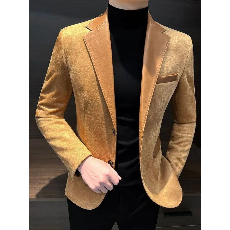 Deerskin Casual Men's Suit Jacket Autumn and Winter Wind Ruffiansenior Splicing Suit Commuting Cultivate One's Moral Characte
