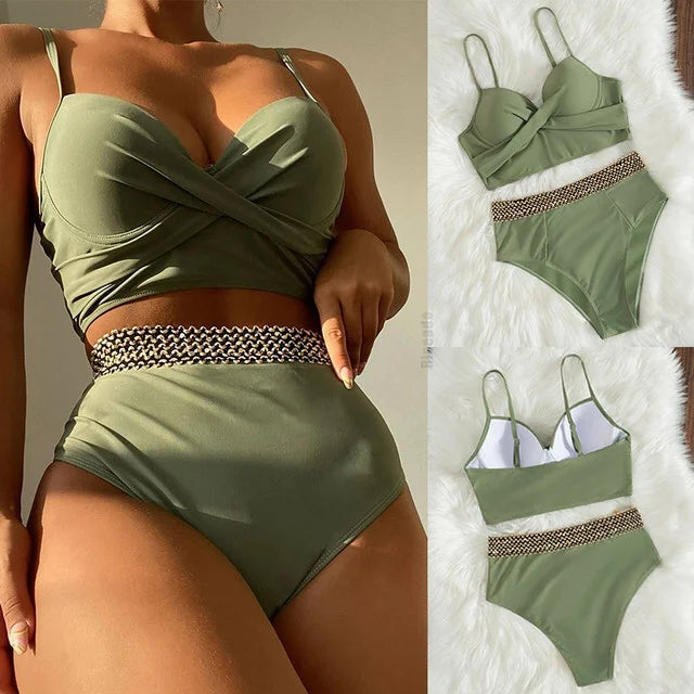 Bikini European American New 2023 Gold Sexy Bikini Women's Printed Steel Bracket Triangle Swimwear Push Up One Piece Swimwear