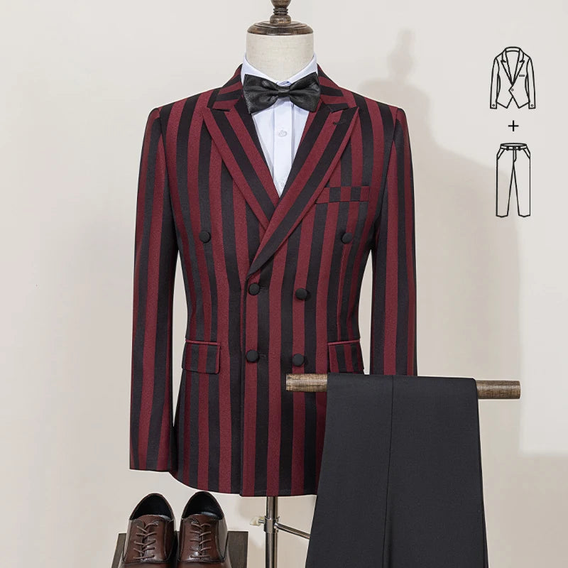 ST Cassy Men's Suits Fashion striped evening gown Double Breasted Slim Fit 2 Piece Jacket Pants