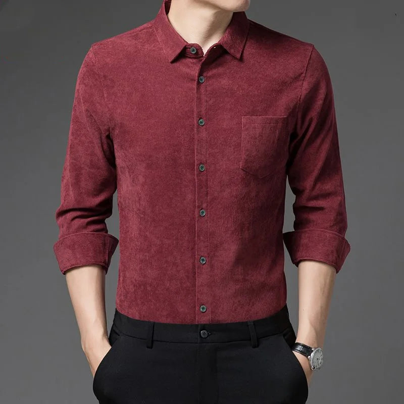 2023 New Spring and Autumn Leisure Business Fashion Loose Oversize Thickened Non Ironing Polo Collar Solid Men's Corduroy Shirt