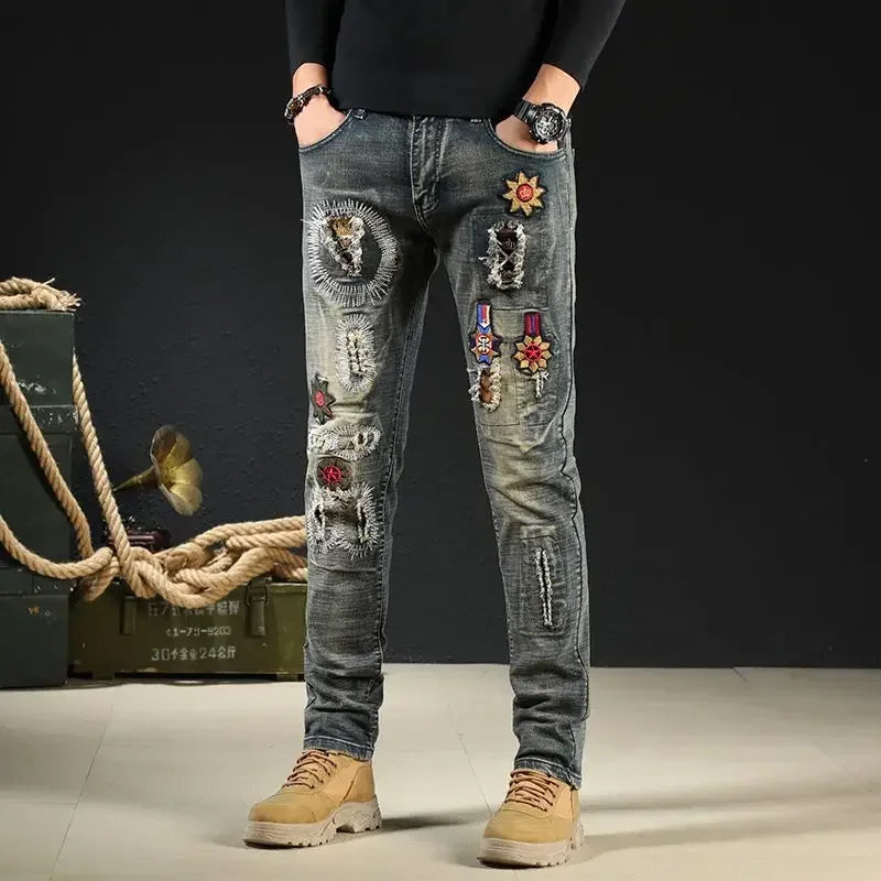 Male Cowboy Pants Trousers Punk Embroidery Motorcycle Jeans for Men Washed Y2k Streetwear Kpop Clothes 2000s High Quality Summer
