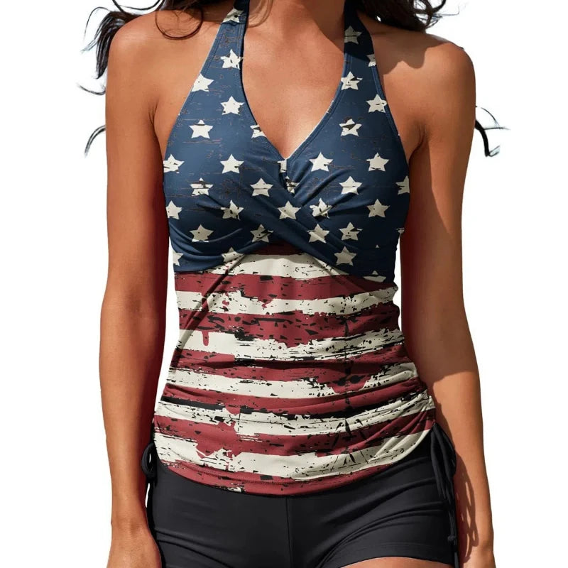 Summer Style Fashion High-end Two-piece Split Camisole Drawstring Women's Clothing Swimsuit with Flat Corner Shorts Tankini Swim