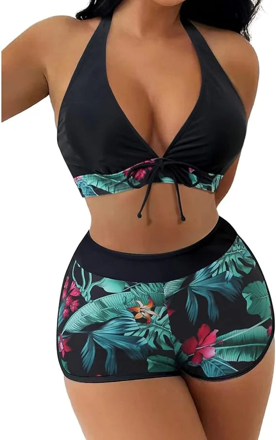Swimsuit for Women 2 Piece Bikini with Floral Print Bottoms Set Tie Swimwear Halter String Triangle Bathing Suit