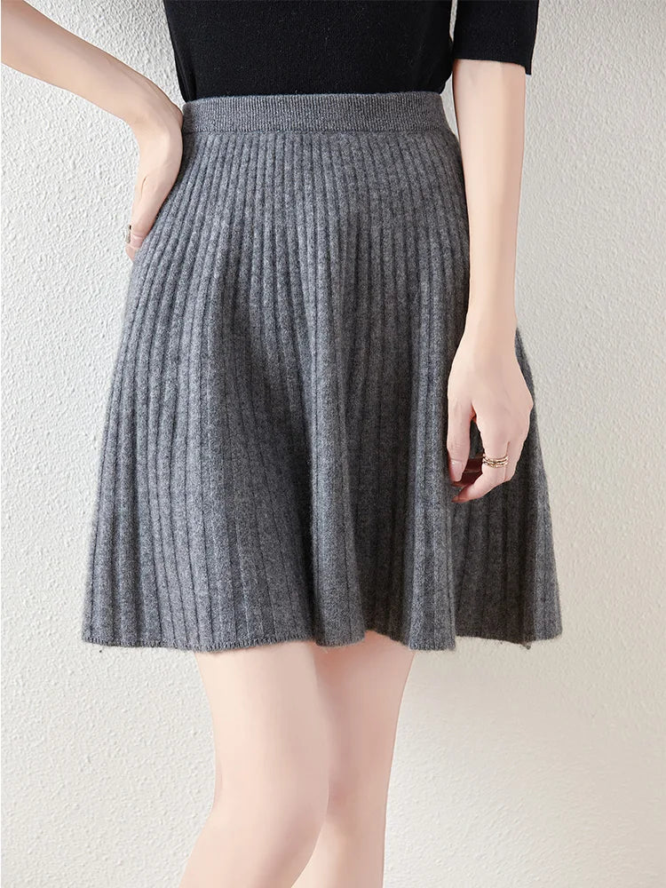Preppy Style women's 100% Merino Wool Skirts Autumn Winter Pleated Skirt Cashmere Knitwear Short A-Line Above Knee Skirt