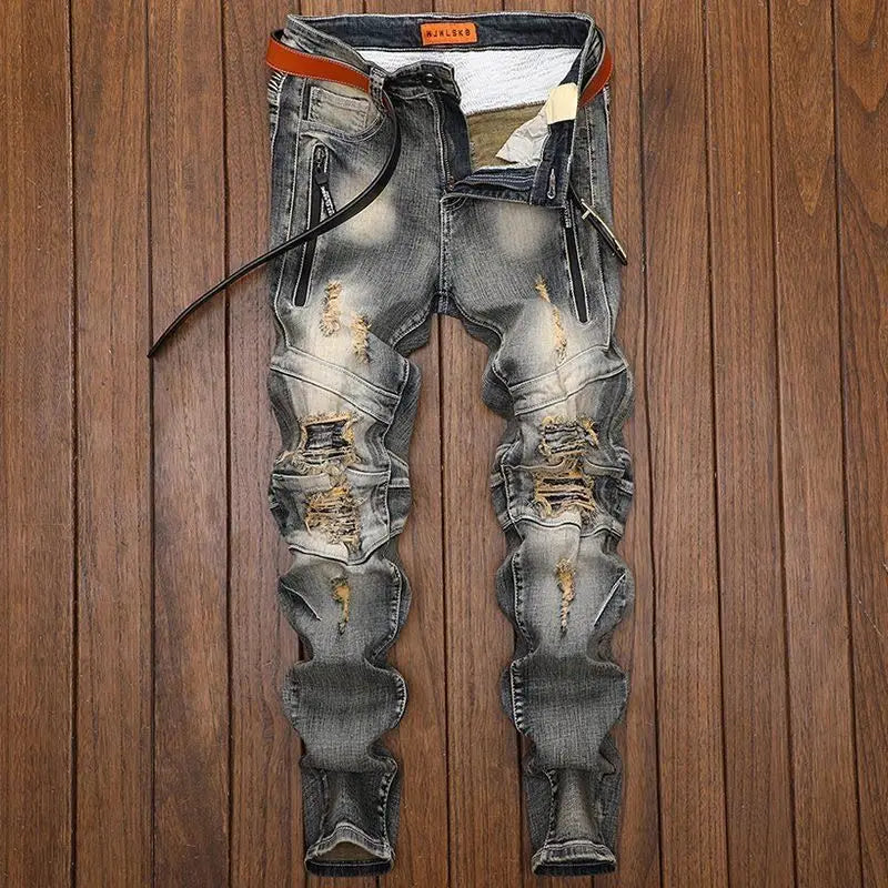 Luxury Men's Classic Jeans Straight Pants Autumn and Winter Retro Ripped Hole Denim Trousers Motorcycle Work Pants for Men