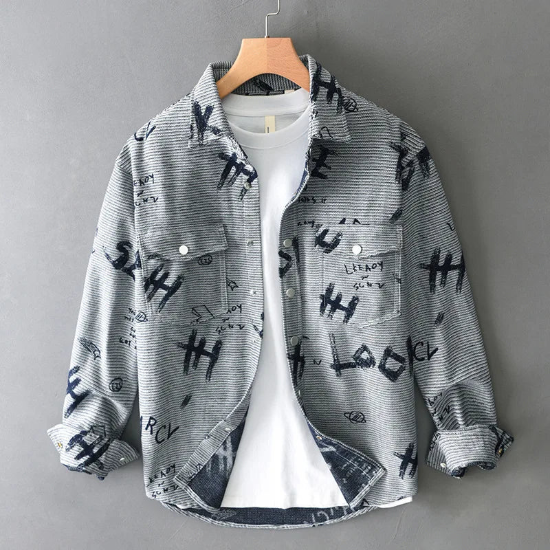 T733 Men's Creative Printing Vintage Shirt Men's Spring Autumn Fashion Good Quality Jacquard Long Sleeve Casual Slim Blouse Tops