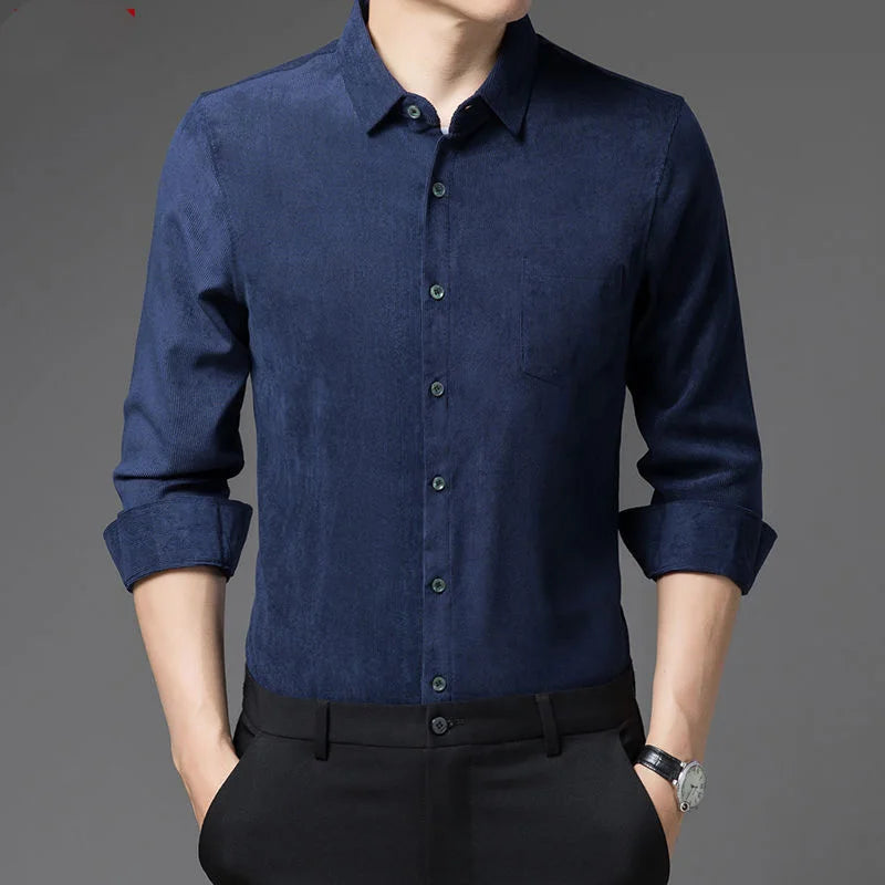2023 New Spring and Autumn Leisure Business Fashion Loose Oversize Thickened Non Ironing Polo Collar Solid Men's Corduroy Shirt